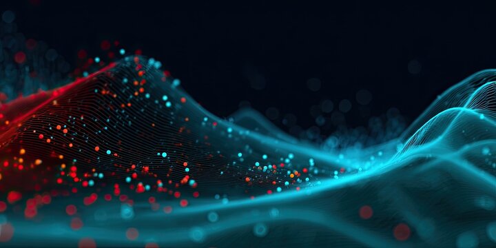 Abstract digital visualization of flowing lines and particles in vibrant red and teal colors