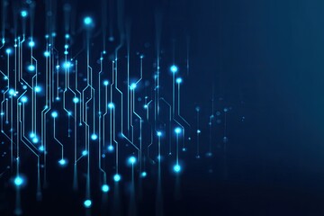 Digital artwork featuring illuminated pathways and glowing nodes against a deep, gradient blue backdrop