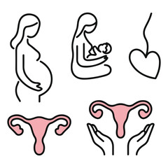 Pregnancy and motherhood silhouette vector set with pregnant women, uterus, baby care and maternal health icons
