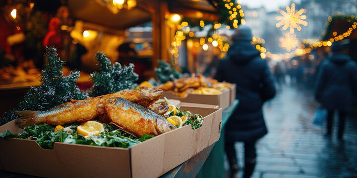 Christmas market food stall offering ready-to-eat fried carp with creamy potato salad in takeaway boxes, traditional Czech holiday street food concept with copy space