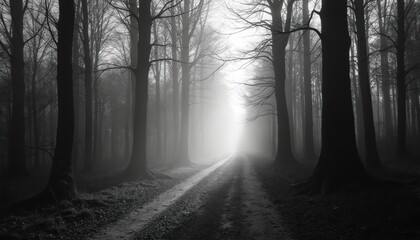 Naklejka premium Long forest path runs through dense, misty woods. Bare trees stand tall, dark, creating serene, mysterious atmosphere. Bright light shines ahead at dirt road end. Nature scene evokes peaceful, spooky