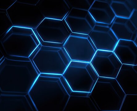 Abstract, glowing blue hexagonal network on a dark background, reminiscent of technological structures
