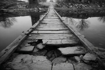 Fototapeta premium Decaying wooden bridge with missing planks crossing water, reflecting bare trees