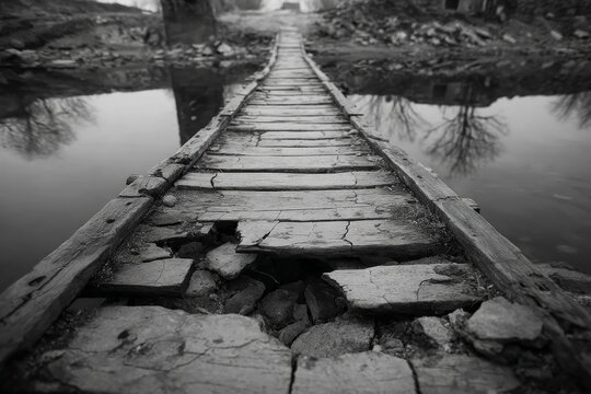Decaying wooden bridge with missing planks crossing water, reflecting bare trees