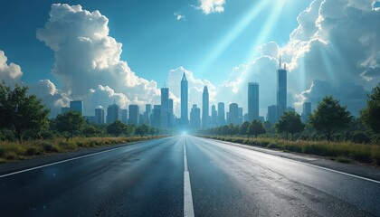 Asphalt road leads toward modern city skyline under bright sunbeams. Trees and grass flank the highway. Fluffy clouds fill the blue sky above skyscrapers.