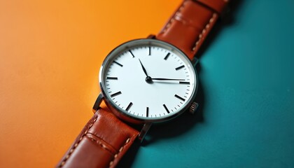 Minimalist wrist watch with brown leather strap rests on split orange and teal background. Classic analog timepiece shows precise time with slim hands and dial markers.