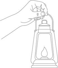 Line drawing of a hand holding a lit lantern with a flame inside.