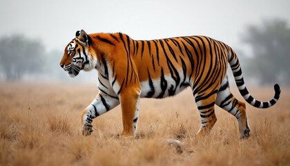 Fototapeta premium Powerful Bengal tiger walks through dry savanna field. Vivid orange, black stripes show power. Wild animal moves silently in natural habitat, big cat on prowl in jungle ecosystem. Endangered species