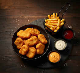 Photo and Illustration - chicken nuggets with dipping sauce, fries in a mini basket