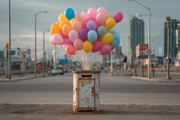 Vibrant bunch of balloons emerging from an old mailbox offering whimsy in an overlooked street scene