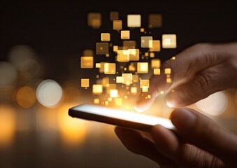 Hand using a smartphone with digital squares emanating upward with a blurry city background