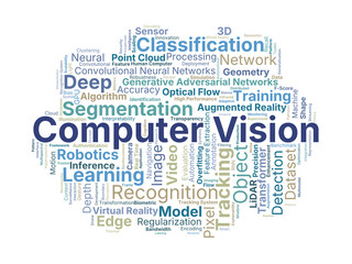 Computer Vision Word Cloud. Core Concepts Of Artificial Intelligence, Object Recognition, Image Analysis, Deep Learning, And Visual Understanding In AI Systems.