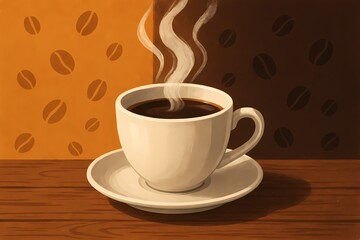 Obraz premium A warm coffee cup illustration with a contrasting background showing medium roast acidity on the left and dark roast body on the right, symbolizing different coffee flavor profiles.