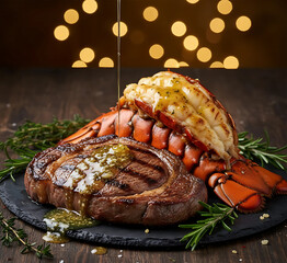 Photo and Illustration - surf and turf: grilled ribeye steak paired with lobster tail, served with garlic butter sauce