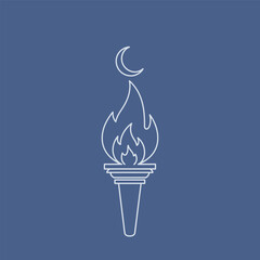 Illustration of a torch with a crescent moon above the flame on a blue background.