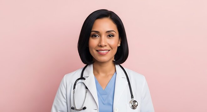 A smiling female doctor wearing a white lab coat and stethoscope against a pink background.