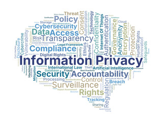 Information Privacy Word Cloud. Key Concepts On Data Protection, Security, Consent, Regulation, Ethics, And Digital Rights In Modern Technological And Legal Contexts.