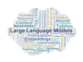 Large Language Models Word Cloud. Key Concepts On Neural Networks, Transformer Architecture, Training, Bias, Safety, And Applications In Generative Artificial Intelligence.