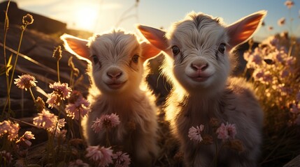 Two Adorable Fluffy Baby Goats Smiling Brightly in a Sunlit Field of Wildflowers