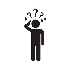 Confused Stick Figure Icon, Person Scratching Head with Question Marks Symbol of Doubt and Forgetfulness.
