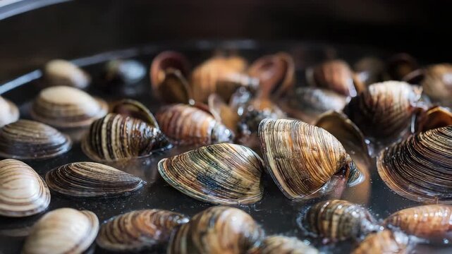 Fresh clams are being cooked in a pot with steam rising, showing the process of making seafood