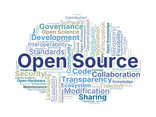Obraz premium Open Source Word Cloud. Key Concepts On Software Freedom, Collaboration, Transparency, Licensing, Community Development, Innovation, And Global Knowledge Sharing.