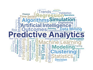 Predictive Analytics Word Cloud. Composition Of Terms Related To Data, Forecasting, Machine Learning, Outcomes, Risk, And Proactive Decision Making In Research.