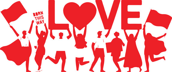 Red silhouettes holding love signs and flags aloft