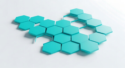 A cluster of interconnected turquoise hexagonal tiles arranged on a white surface, some tiles missing revealing connecting lines.