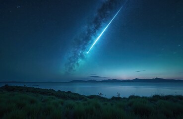 Dark night covers still lake, green grass field. Distant mountains rise on horizon. Bright shooting star streaks across vast Milky Way galaxy. Serene nature shows cosmic spectacle, space wonders.