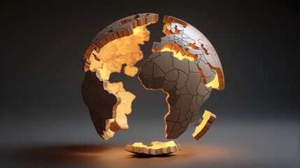 Floating wooden puzzle globe showcasing continents with warm glow during dusk