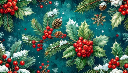Vibrant winter holly berries and pine branches with snow and snowflakes create a festive, magical holiday backdrop for seasonal designs.
