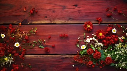 Vibrant Assortment of Red and White Wildflowers Scattered Across Deep Burdy Wooden Planks