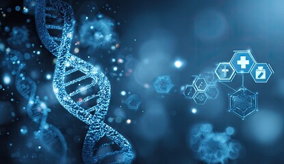 An abstract digital representation of DNA structure, medical symbols on blue background