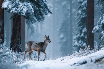 Obraz premium Deer walking through a snow-covered forest during winter