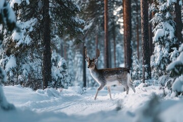 Fallow deer walking through a snow-covered forest during winter