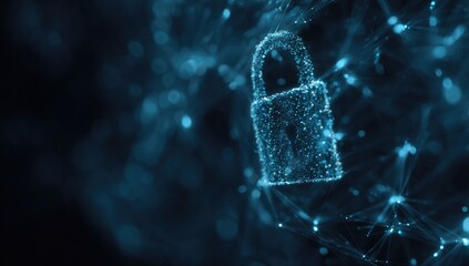 A digital padlock comprised of glowing blue points, over a network, on a dark background