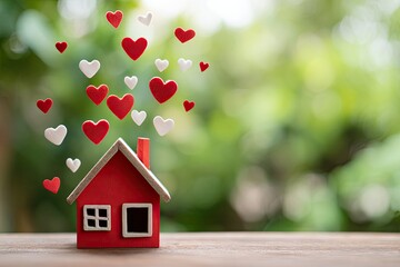 Small red house with floating hearts against a blurry green background