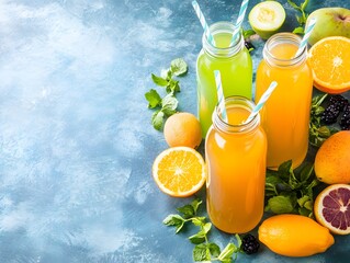 Fototapeta premium Refreshing Fruit Juice Bottles with Oranges and Mint