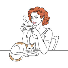Retro Elegance Red-Haired Woman and Calico Cat Enjoy a Steaming Drink - Minimalist Line Art Illustration
