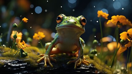 Vivid Close-Up of a Bright Green Tree Frog Perched on Mossy Wood Surrounded by Yellow Flowers at Dusk