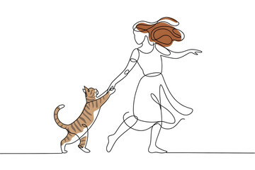 Line art of  Joyful One Line Art Woman and Striped Cat Dancing, Symbolizing Companionship and Freedom with Warm Accents