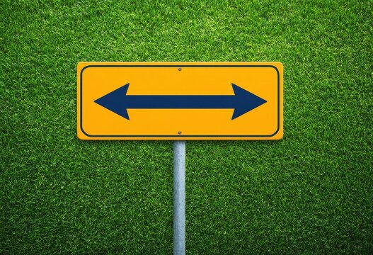 A yellow road sign with dark blue arrows pointing left and right stands on green grass
