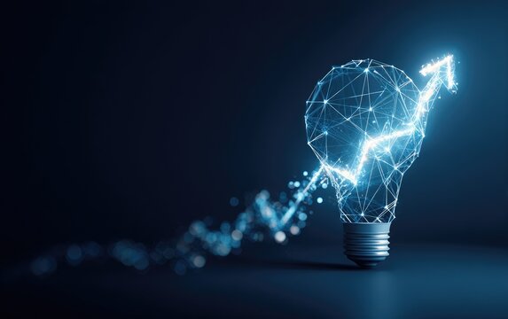 Digital illustration depicts a glowing lightbulb with an upward-pointing arrow made of particles