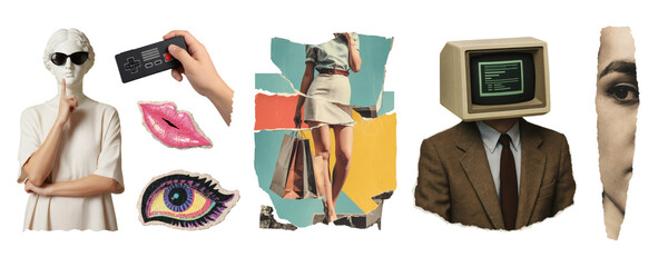 Collection of surreal PNG elements including classical statue with sunglasses, retro game controller, glitter lips and eye, shopping woman, vintage computer head and torn portrait