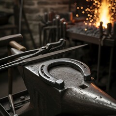 Obraz premium Metal Horseshoe on an Anvil in a Blacksmiths Workshop.