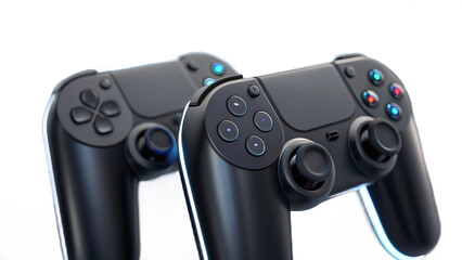 Two black video game controllers with blue and red lights on a black background in a studio shot created with generated ai