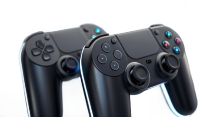 Two black video game controllers with blue and red lights on a black background in a studio shot created with generated ai