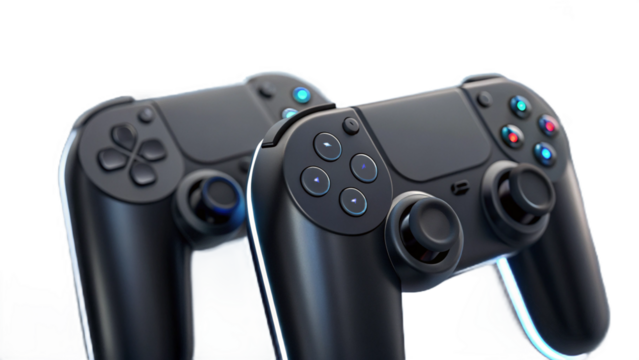 Two black video game controllers with blue and red lights on a black background in a studio shot created with generated ai