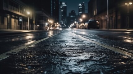 Wet City Street Pavement Perspective at Night with Blurred Lights and Distant Skyscrapers